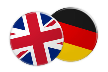 Politics News Concept: UK Great Britain Flag Button On Germany Flag Button, 3d illustration on white background