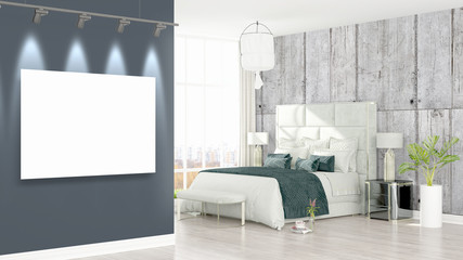 Modern interior with empty frame . 3D rendering