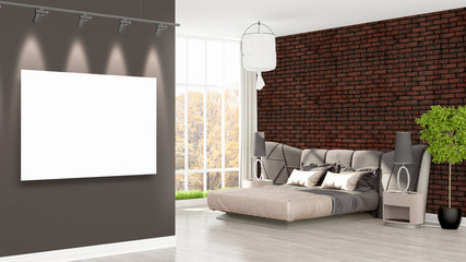 Modern interior with empty frame . 3D rendering