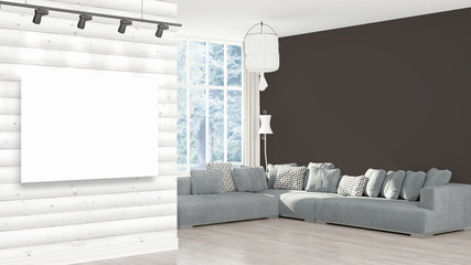 Modern interior with empty frame . 3D rendering