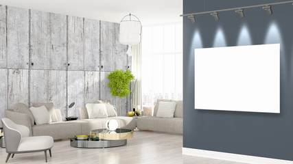 Modern interior with empty frame . 3D rendering