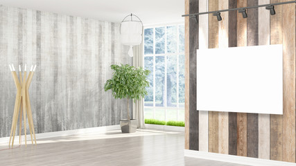 Modern interior with empty frame . 3D rendering