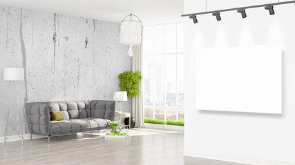 Modern interior with empty frame . 3D rendering