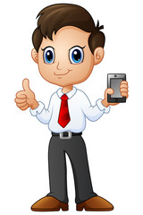 Cartoon businessman holding a smartphone with OK hand gesture 