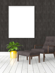 Modern bright interior with empty frame . 3D rendering