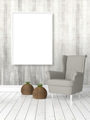 Modern bright interior with empty frame . 3D rendering
