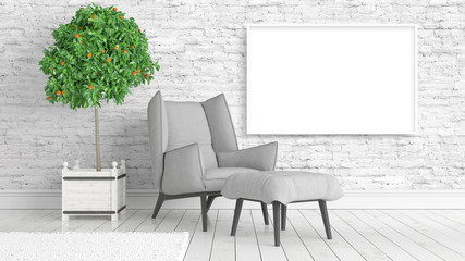 Modern bright interior with empty frame . 3D rendering