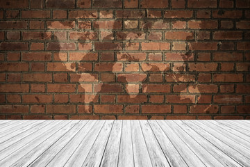 Red Brick wall texture surface vintage style with Wood terrace and world map