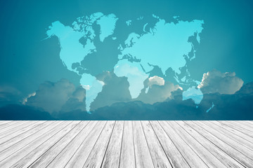 Fototapeta na wymiar Blue sky cloud with Wood terrace and world map , process in vintage style