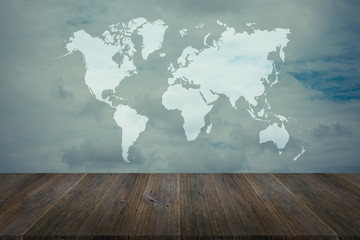 Blue sky cloud with Wood terrace and world map , process in vintage style