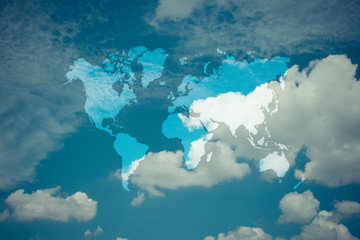 Blue sky cloud with world map , process in vintage style