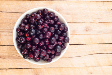 Ribes in white cup on wooden plank background top view