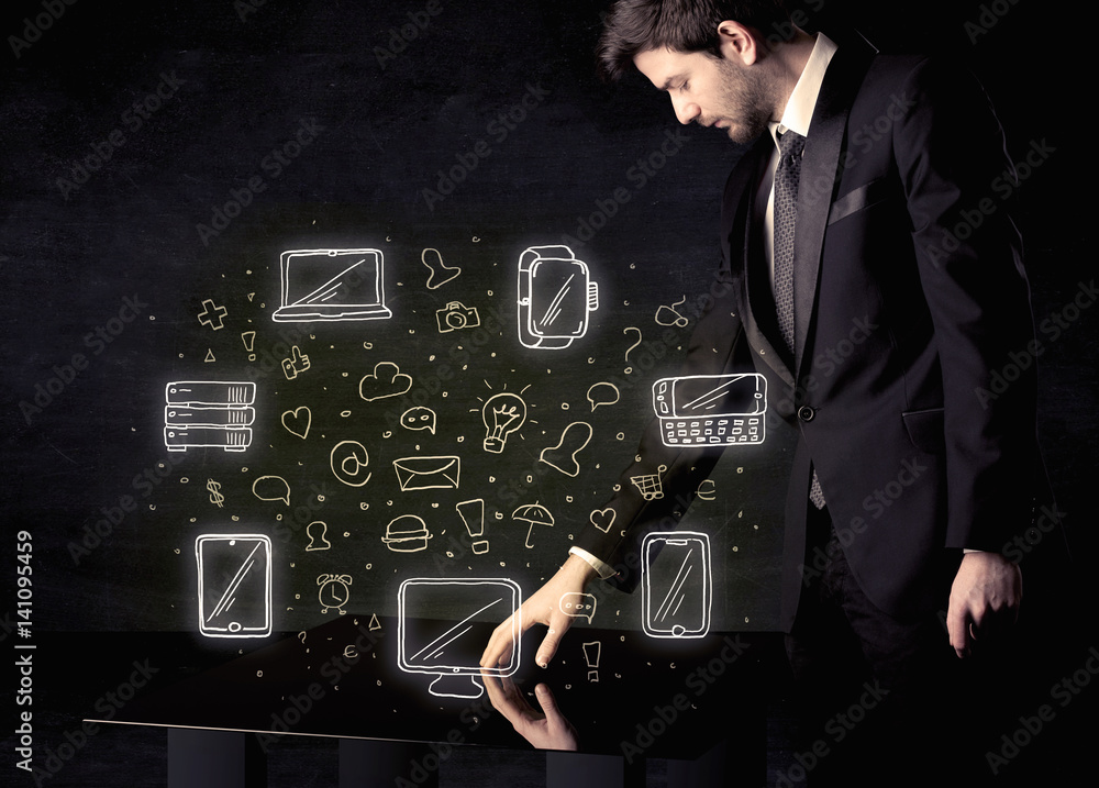 Poster Man pressing table tablet hand touch interface with media icons