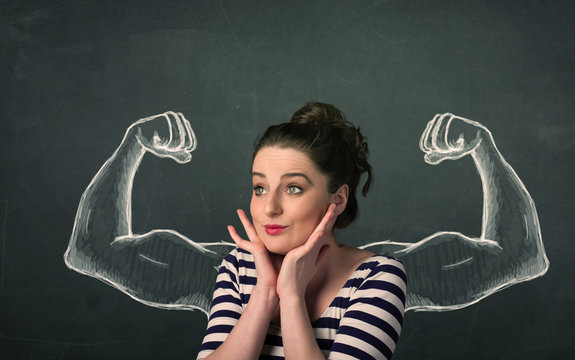 woman with sketched strong and muscled arms