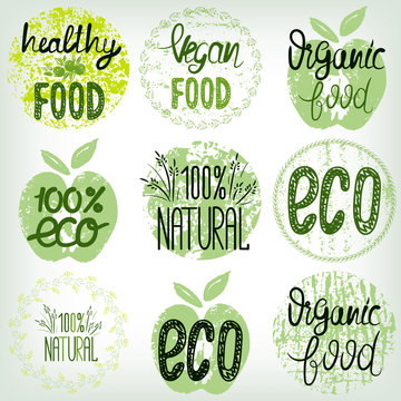Set healthy food, eco food, organic food, 100% natural. Hand drawn texture templates