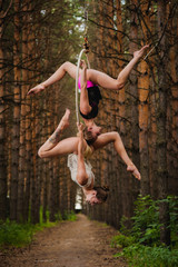 Two beautiful and slim gymnasts doing difficult exercises on aerial silk in the forest

two...