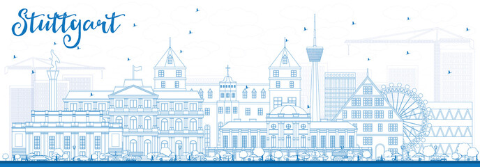 Outline Stuttgart Skyline with Blue Buildings.