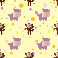 pattern with cartoon cute baby behemoth and monkey
