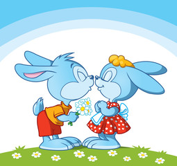 Couple of cute rabbits in love. Cartoon vector illustration.