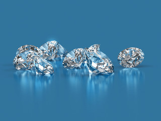 Group of diamonds placed on light blue background, 3D illustration.