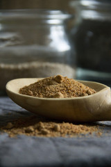 coconut blossom sugar on wooden spoon