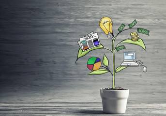 Drawn income tree in white pot for business investment savings and making money