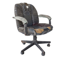 Black Office chair old damage leather and dirty isolated on white background, with clipping path