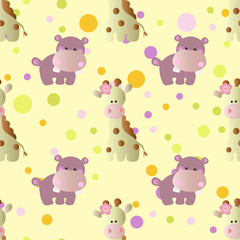 pattern with cartoon cute baby behemoth, giraffe