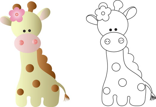 cartoon cute baby giraffe - in color and line art