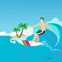 Men surfer pose with the surfboard above of the waves