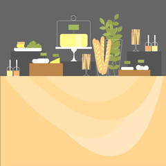 Cheese bar, wedding cheese buffet, wedding cheese table, food bar. Vector illustration.