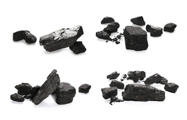 Set pile black coal isolated on white background