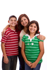 Fototapeta premium Hispanic family smiling isolated on white.