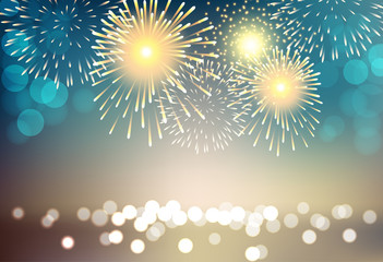 Colorful firework on city landscape background for celebration