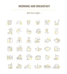 Obraz na płótnie Canvas Vector graphic set. Icons in flat, contour, thin, minimal and linear design.Morning and lunch. The daily routine. Elements of the morning breakfast.Concept illustration for Web site.Sign, symbol.