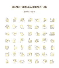 Vector graphic set. Icons in flat, contour, thin, minimal and linear design.Breastfeeding, motherhood, natural nutrition of the newborn.Concept illustration for Web site, app.Sign,symbol,element.