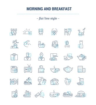 Vector graphic set. Icons in flat, contour, thin, minimal and linear design.Morning and lunch. The daily routine. Elements of the morning breakfast.Concept illustration for Web site.Sign, symbol.