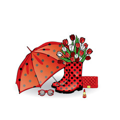 Beautiful umbrella, rubber boots with tulips, bag and lipstick. Vector illustration for a card or poster. Print on clothes. Spring. Fashion & Style.