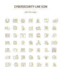 Vector graphic set. Icons in flat, contour, thin, minimal and linear design.Cybersecurity. Protection of virtual electronic data, operations.Concept illustration for Web site.Sign, symbol.