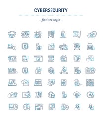 Vector graphic set. Icons in flat, contour, thin, minimal and linear design.Cybersecurity. Protection of virtual electronic data, operations.Concept illustration for Web site.Sign, symbol.