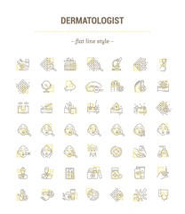 Vector graphic set. Icons in flat, contour, thin, minimal and linear design.Dermatologist.Problem, analysis, treatment.Skin of face, head, hand and body.Concept illustration for Web site.Sign, symbol.