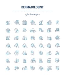 Vector graphic set. Icons in flat, contour, thin, minimal and linear design.Dermatologist.Problem, analysis, treatment.Skin of face, head, hand and body.Concept illustration for Web site.Sign, symbol.