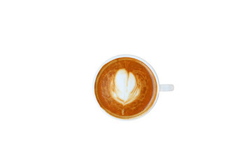 Top view of a coffee with heart pattern in a white cup on white background, latte art