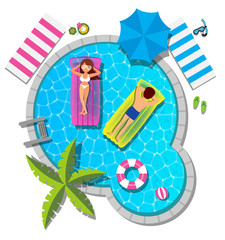 Couple relaxing at swimming pool for summer concept