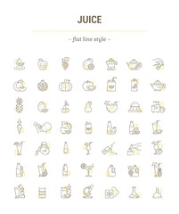 Obraz na płótnie Canvas Vector graphic set.Icons in flat, contour, thin, minimal and linear design.Illustration of juice. Glass, cup,bottle and package.Natural, product.Simple isolated concept sign and symbol for Web site.