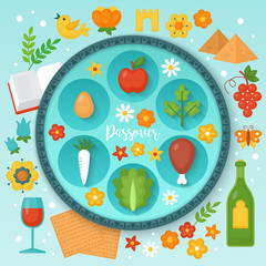 Jewish holiday Passover seder plate and traditional symbols for graphic and web design. Vector illustration