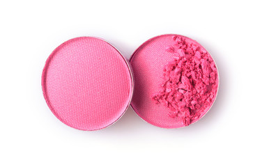 Round pink crushed eyeshadow for makeup as sample of cosmetic product