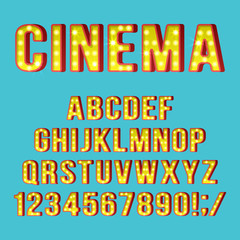 Retro light bulb alphabet letters and numbers for movie cinema sign design. Realist vector illustration