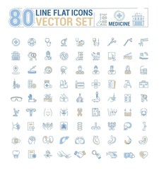 Vector graphic set. Icons in flat, contour, thin, minimal and linear design.Medicine. Branches of Medicine. Medical education.Treatment of diseases.Concept illustration for Web site.Sign, symbol.