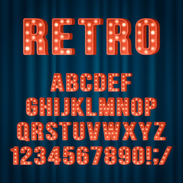 Retro light bulb alphabet letters and numbers for movie cinema or night club sign design. Realist vector illustration